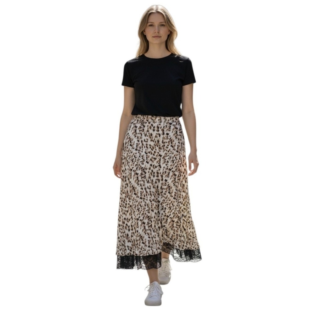 90s Y2K Brown Leopard Midi Skirt W Black Lace Hem Pull On Silky M-XL